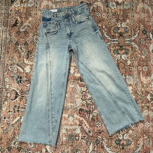 Zara Wide-Leg Double Denim Patch Light Blue Jeans Sz USA 2